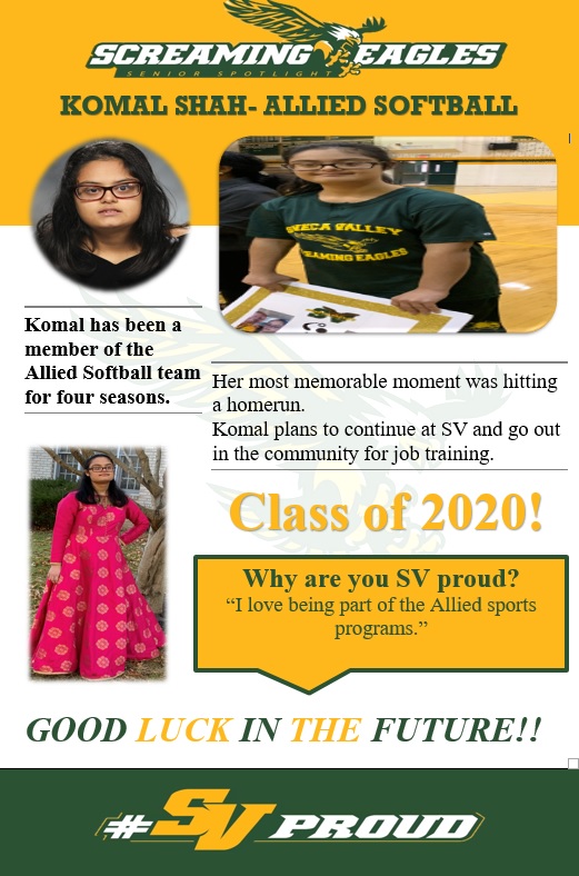 SVHSathletics's tweet photo. Congratulations to @JanaeCoach Allied Softball Senior Komal Shah, today's @SVHS2020 Senior Spotlight student athlete.
#svproud #WeRaise #seniorspotlight #Classof2020 https://t.co/CNkKj4XPDd