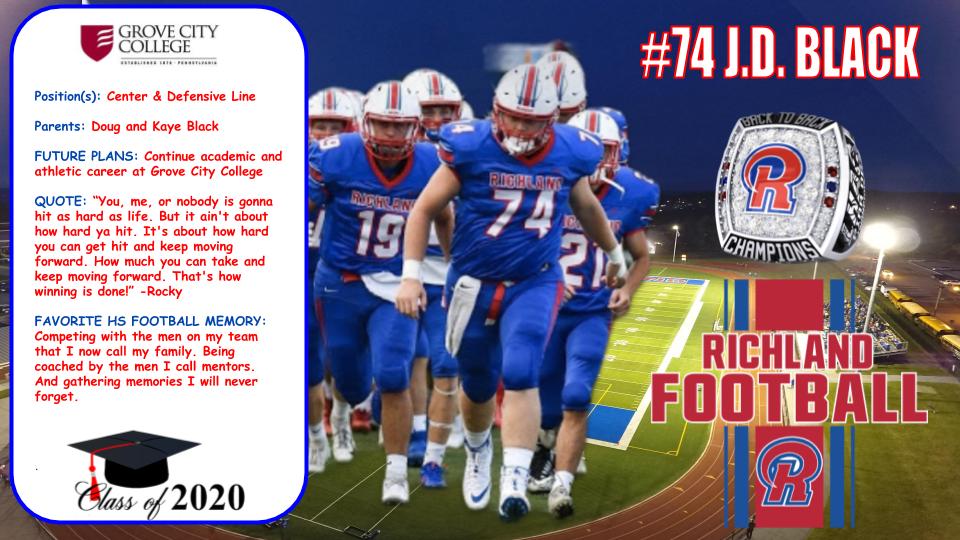 rhsfootball's tweet photo. Coach Bailey and the Richland coaching staff would like to recognize our senior football players from the Class of 2020. Today's Spotlight Athlete is J.D. Black.

Go Rams! 

#Ramily #OneGoal #Champion #Wooooo #PIAAtogether https://t.co/G1H2jxRmBW