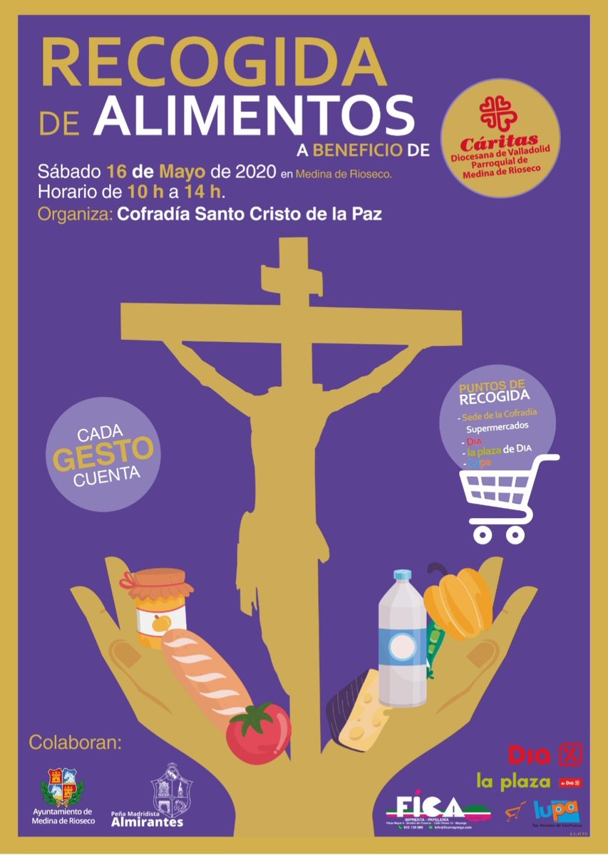 cristodelapaz's tweet photo. Desde nuestra Cofradía estamos organizando una nueva recogida de alimentos a favor de " Cáritas " en la que colaboran la Peña Madridista "Almirantes", Supermercados Día, Supermercados Plaza Día ,Supermercados Lupa, Ayto. de Medina de Rioseco e imprenta Fica #somosunagranhermandad https://t.co/LozcAXnNyp