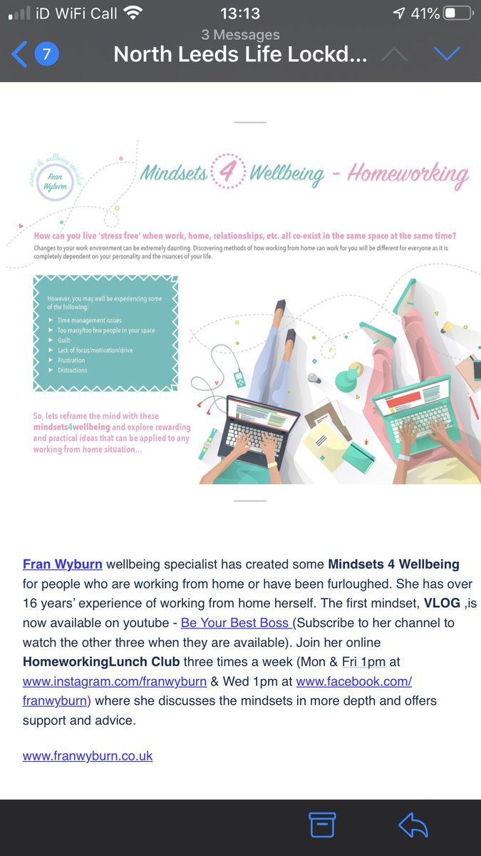 Thank you @NorthLeedsLife for including Mindsets4Wellbeing Homeworking in your newsletter! I’m hosting the Homeworking Lunch Clun on Instagram live Tuesdays 1pm if people want to get more wellbeing whilst working from home inspiration!