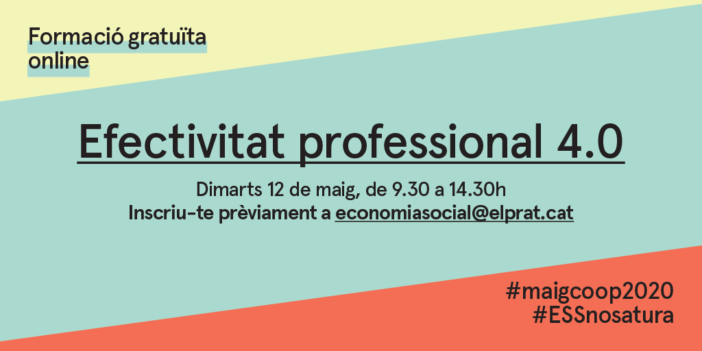 .El #maigcoop2020 acaba de començar però ja té noves formacions! 

'Taller de "Productivitat 4.0" per tal d'adquirir eines pràctiques i focalitzades a ser més efectius amb el nostre temps.' #organitzacionsefectives

+Info a👇

elprat.cat/la-ciutat/guia…

<a href="/aracoop/">Aracoop</a> <a href="/econ_socialcat/">Economia social</a>