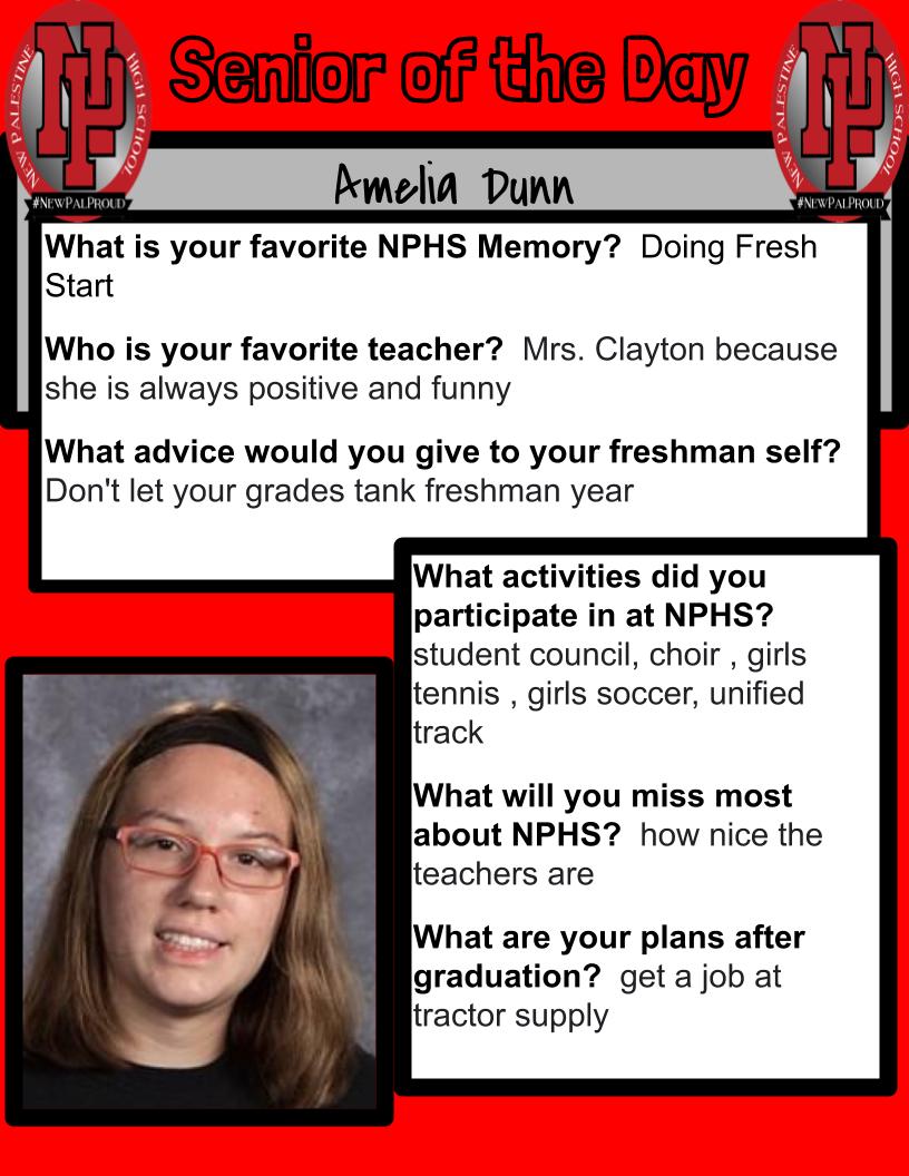 Amy Dawson (@mrsamydawson) on Twitter photo Today's Senior of the Day is Amelia Dunn! We are #newpalproud of you! <a href="/NPHighSchool/">New Palestine H.S.</a> @SouthernHancock Today's Senior of the Day is Amelia Dunn! We are #newpalproud of you! <a href="/NPHighSchool/">New Palestine H.S.</a> @SouthernHancock