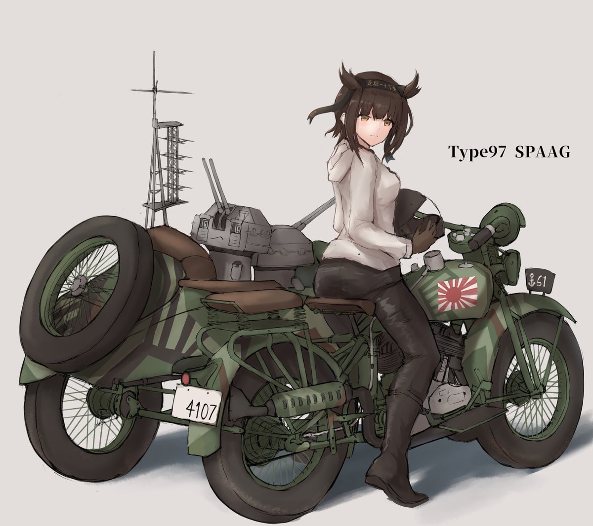 hatsuzuki (kancolle) 1girl motorcycle ground vehicle motor vehicle helmet solo hood  illustration images