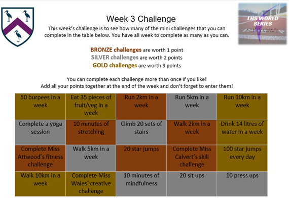 LboroHSSport's tweet photo. This week's 'weekly challenge' is to see how many of these mini challenges you do in a week! How many can you complete?? #LHSWS #StayActive https://t.co/zEGRn23v80