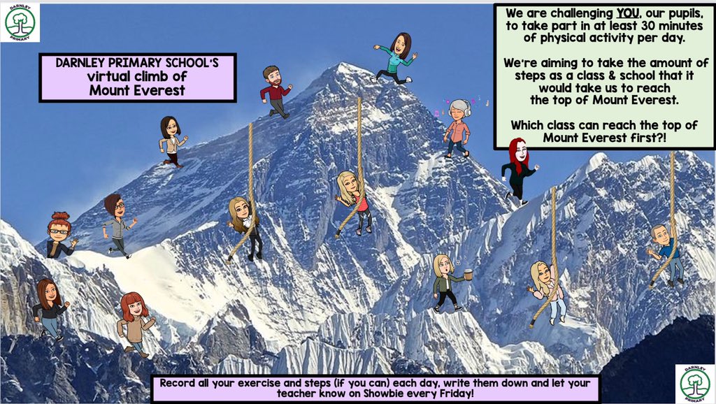 Darnley_Primary's tweet photo. From Monday, we are going to virtually climb Mount Everest! Record your weekly exercise &amp; let your teacher know via Showbie each Friday. Which class is going to reach the top first?!🏃🏾‍♂️🏃🏼‍♀️🤸🏿‍♀️ #GetActiveGetHealthy  @ActiveSchoolsST @PEPASSGlasgow @HillparkPe @EdISGlasgow https://t.co/iUf0OZqmMZ