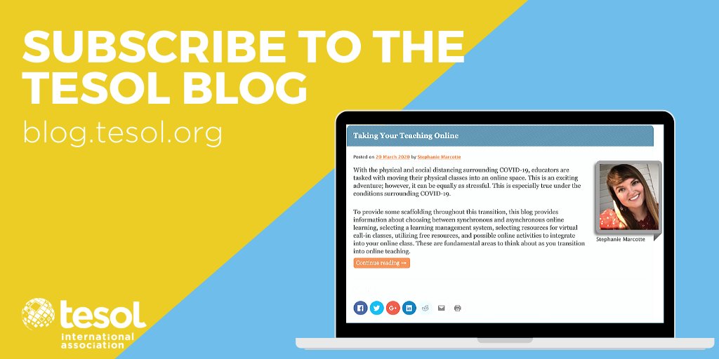 TESOL_Assn's tweet photo. Hear from #ELT experts on a variety of topics, including online teaching, in the #TESOL Blog! Subscribe and read blog posts here: https://t.co/VqA5r9hF6O #TEFL #TESL https://t.co/8xyTVlqmAJ
