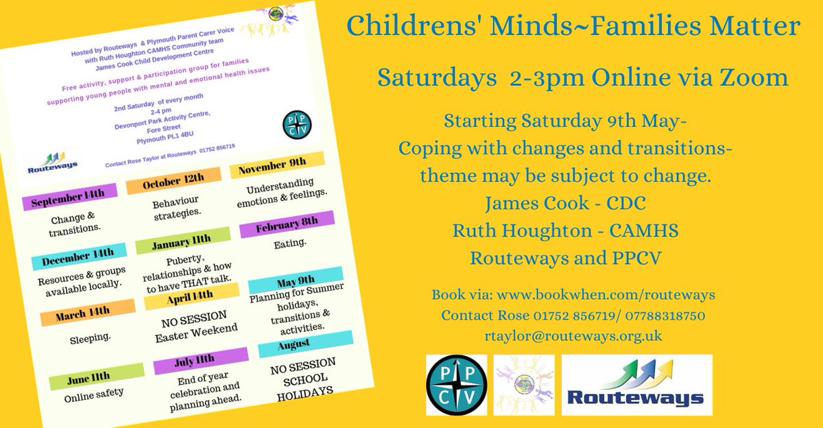 We're working with @Routeways, @PlymouthPcv and @livewellcamhs to bring you Children's Minds ~ Families Matter this coming Saturday (9th May 2020) - just one of the ways we continuing to offer support to young people and families in Plymouth