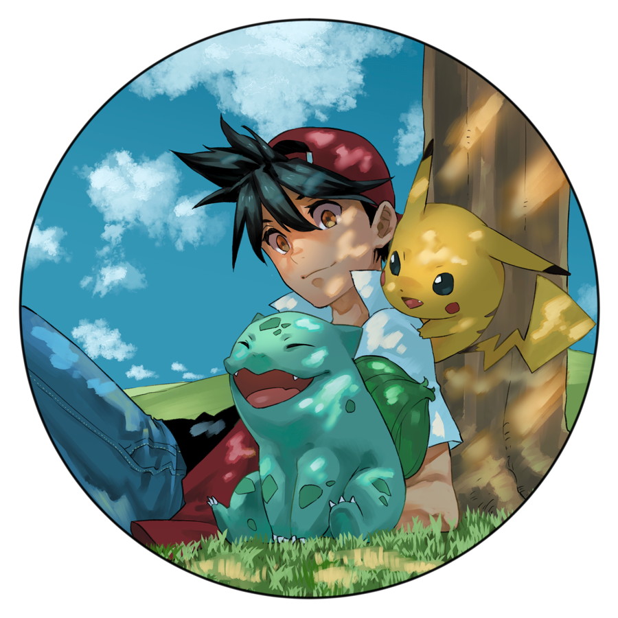 pikachu ,red (pokemon) 1boy pokemon (creature) hat male focus grass black hair baseball cap  illustration images