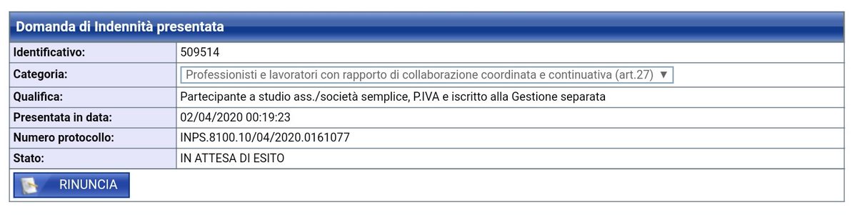 LucaRandazzo13's tweet photo. @INPS_it Questo l'ho guardato stanotte, ancora nulla. La cosa che più mi fa ridere è che hanno messo il pulsante rinuncia, nel caso in cui qualcuno non abbia più voglia di aspettare. Io di certo non lo farò. E spero che nessuna persona schiacci quel tasto. https://t.co/10UukTlRbA
