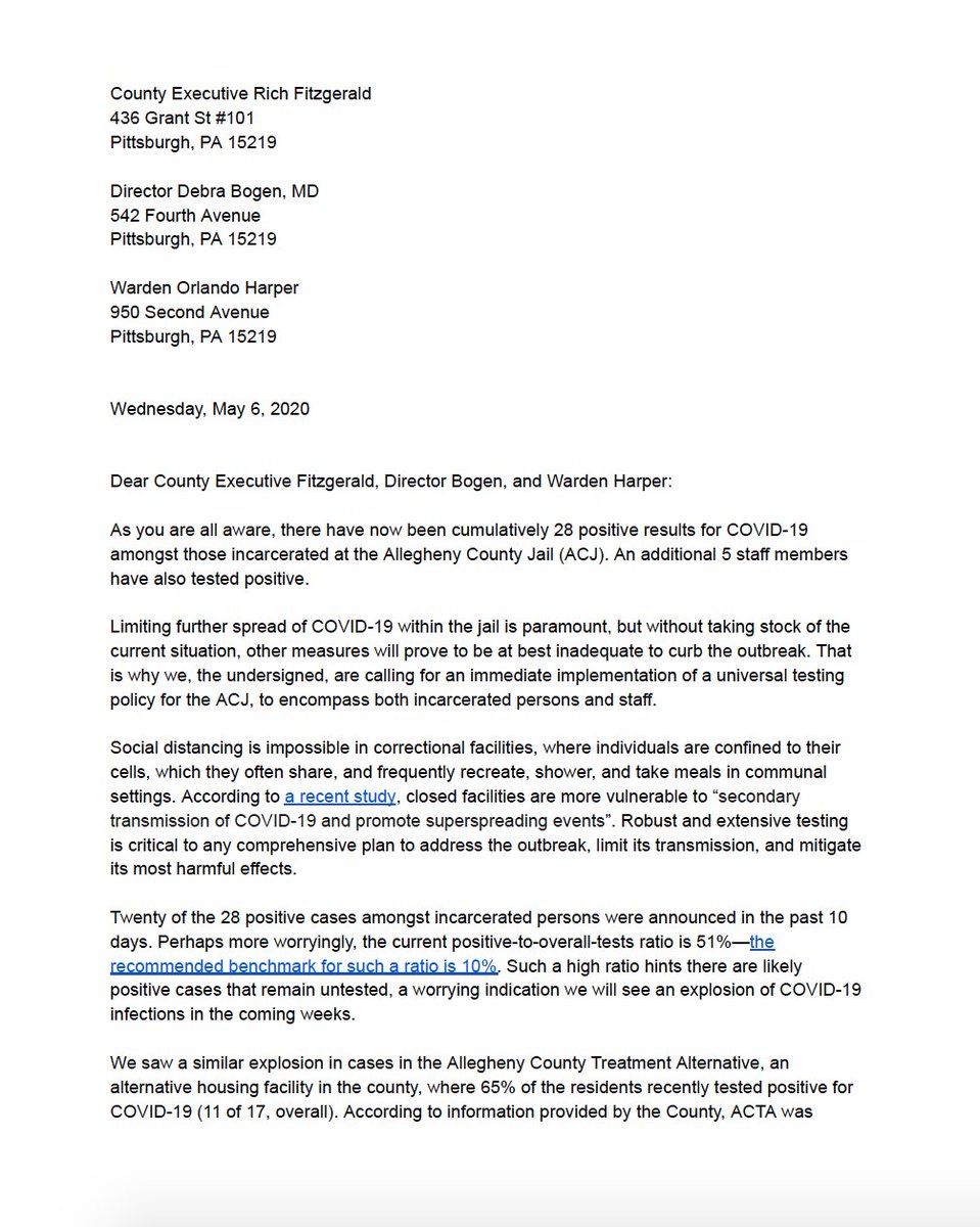 AbolitionistLC's tweet photo. Last night, we sent this letter to @Allegheny_Co officials demanding #UniversalTestingNow at ACJ @aclupa @CasaSanJosePGH @AlleghenyGreens @1hood @jailbreakpgh @vivamarilynbuck @phillyHRC @PPact @Pgh4PubTransit @WestEndPower @ChelsaWagner @bethanyhallam @LivFor13 @OpportunityFund https://t.co/iMS0sVIPay
