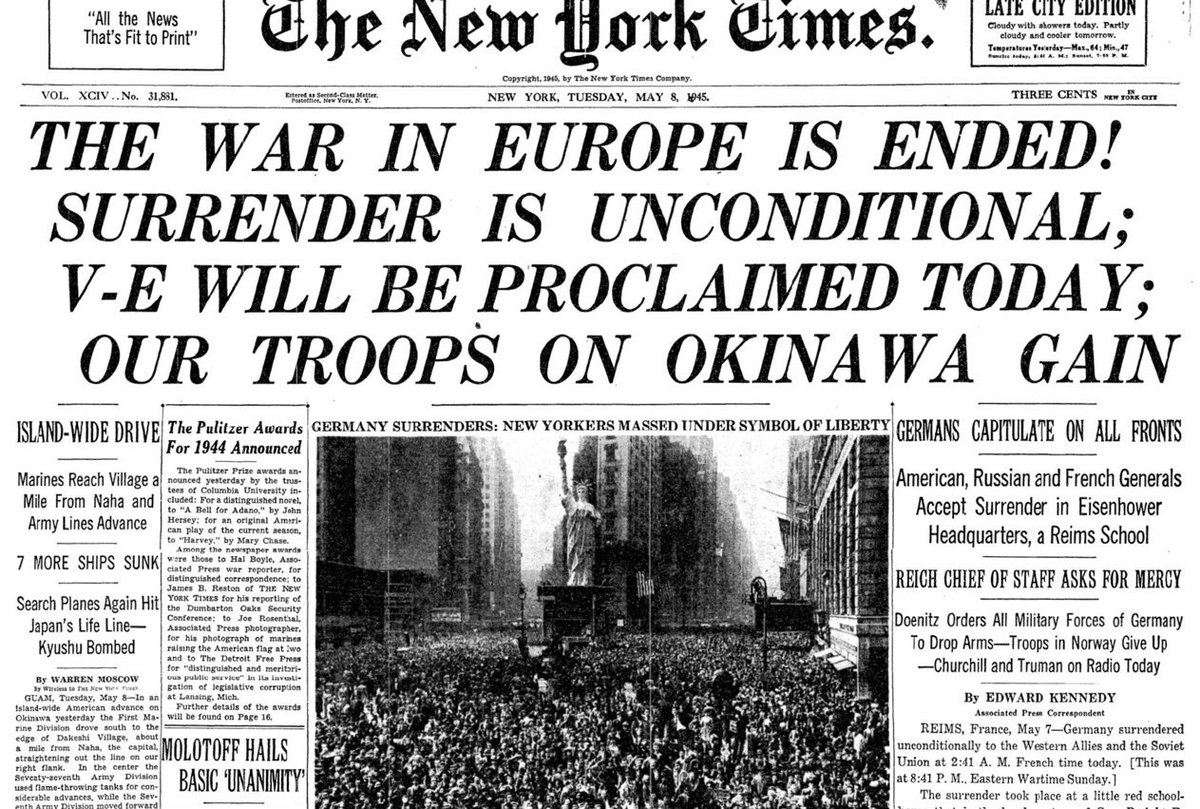 BeschlossDC's tweet photo. New York Times on events of 75 years ago today:
“The War in Europe is Ended!  Surrender is Unconditional”: https://t.co/30Oi9z1Ibh