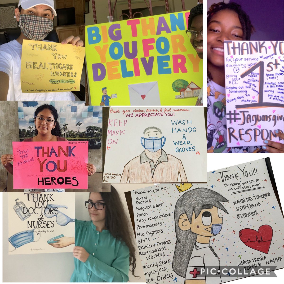 mlec_pe's tweet photo. Just a few of the amazing ways my students are showing their gratitude &amp; support of essential workers in their communities! #jaguarsgivethanks #inthistogether  @MLECJaguars @MiamiSup @MDCPS https://t.co/8uOKmrWUEG