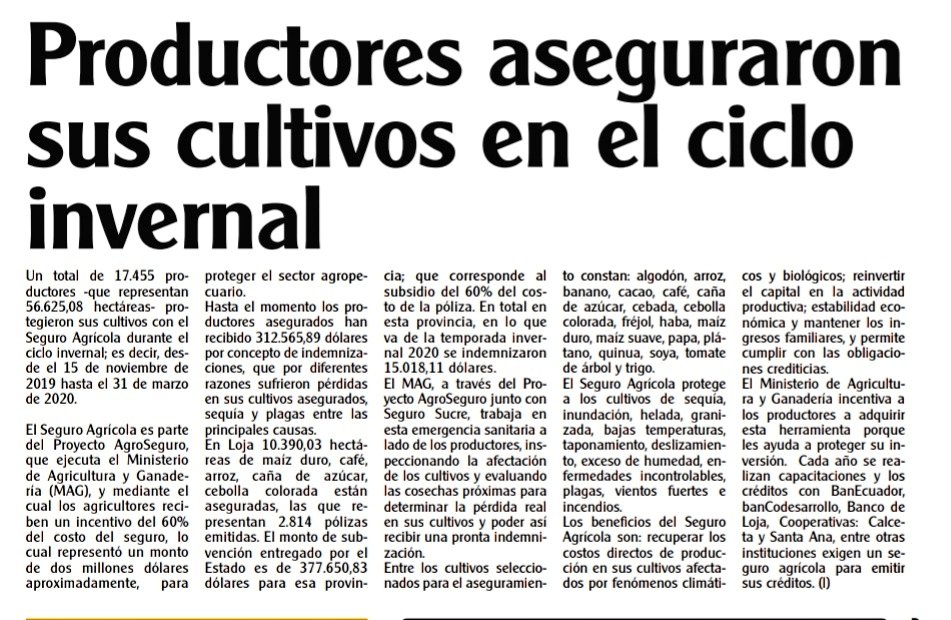Productores aseguraron sus cultivos en el ciclo invernal, vía <a href="/CronicaLoja/">Diario Crónica</a>.