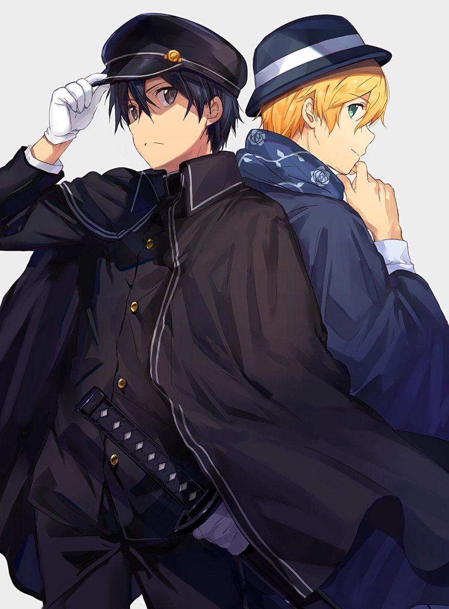 kirito 2boys multiple boys weapon blonde hair sword hat black hair  illustration images