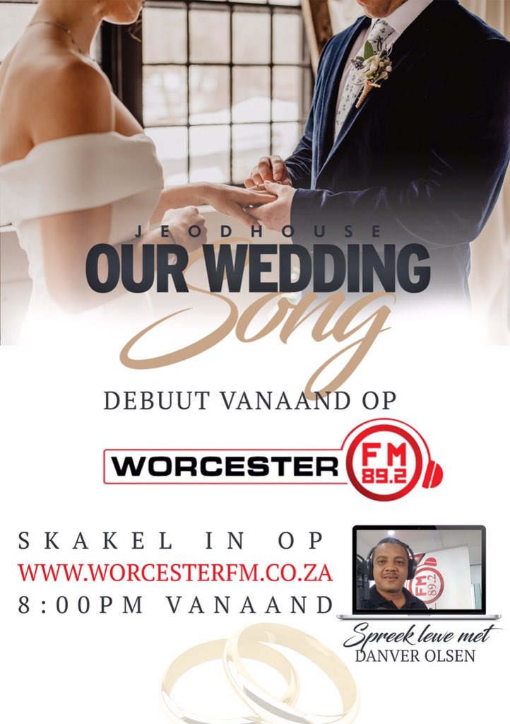 jeodhouse's tweet photo. Radio Plug #1 
Debuut van ons nuwe liedjie “Our Wedding Song” 
WORCESTER julle is ons eerste luisteraars 😊
Skakel groot asb in vanaand 8uur met julle Super-omroeper Danver Olsen. Ons is dankbaar vir elke boodskappie van julle.
@worcesterfm @worcester #jeodhouse #ourweddingsong https://t.co/aTqBkkM3TB