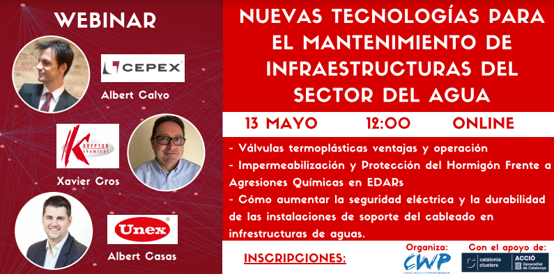 Cepex_Extreme's tweet photo. El próximo 13 de mayo, el CWP (Catalan Water Partnership) organiza un webinar para hablar del mantenimiento de infraestructuras de agua. Cepex intervendrá con el tema: Válvulas termoplásticas, ventajas y operación.
https://t.co/ezdgGOKhfy https://t.co/pVOqYROCXZ