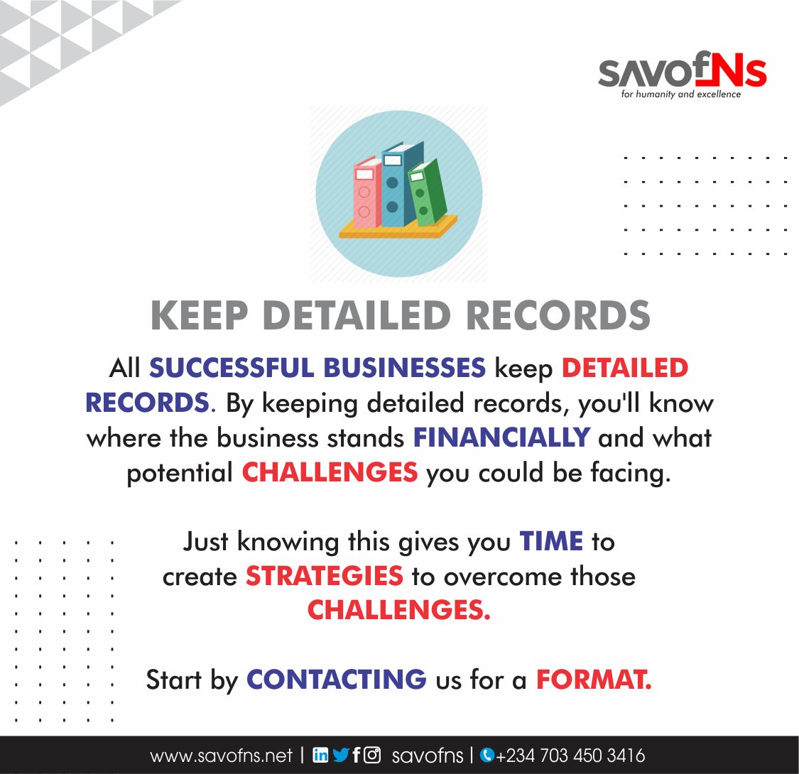 savofns's tweet photo. Want to get a format for keeping detailed records??
Contact us today at https://t.co/c8uNR0hx0e
Or send us a DM
#savofns #records #detailedrecords #successfulbusiness #overcomingchallenges #smes #branding #brands #consulting #managementconsulting #abuja #abujabusiness https://t.co/Oc5bYoleOq