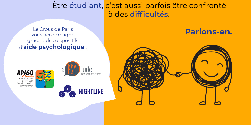 CrousParis's tweet photo. #DECONFINEMENT #ACTIONSOCIALE
Le Crous de Paris et ses partenaires @NightlineParis @Apsytude #APASO  maintiennent leurs dispositifs d'aide psychologique à destination des étudiants.
Pour en savoir plus et les contacter : 
https://t.co/b51Hc9p9TQ https://t.co/eX1ZBKId0j