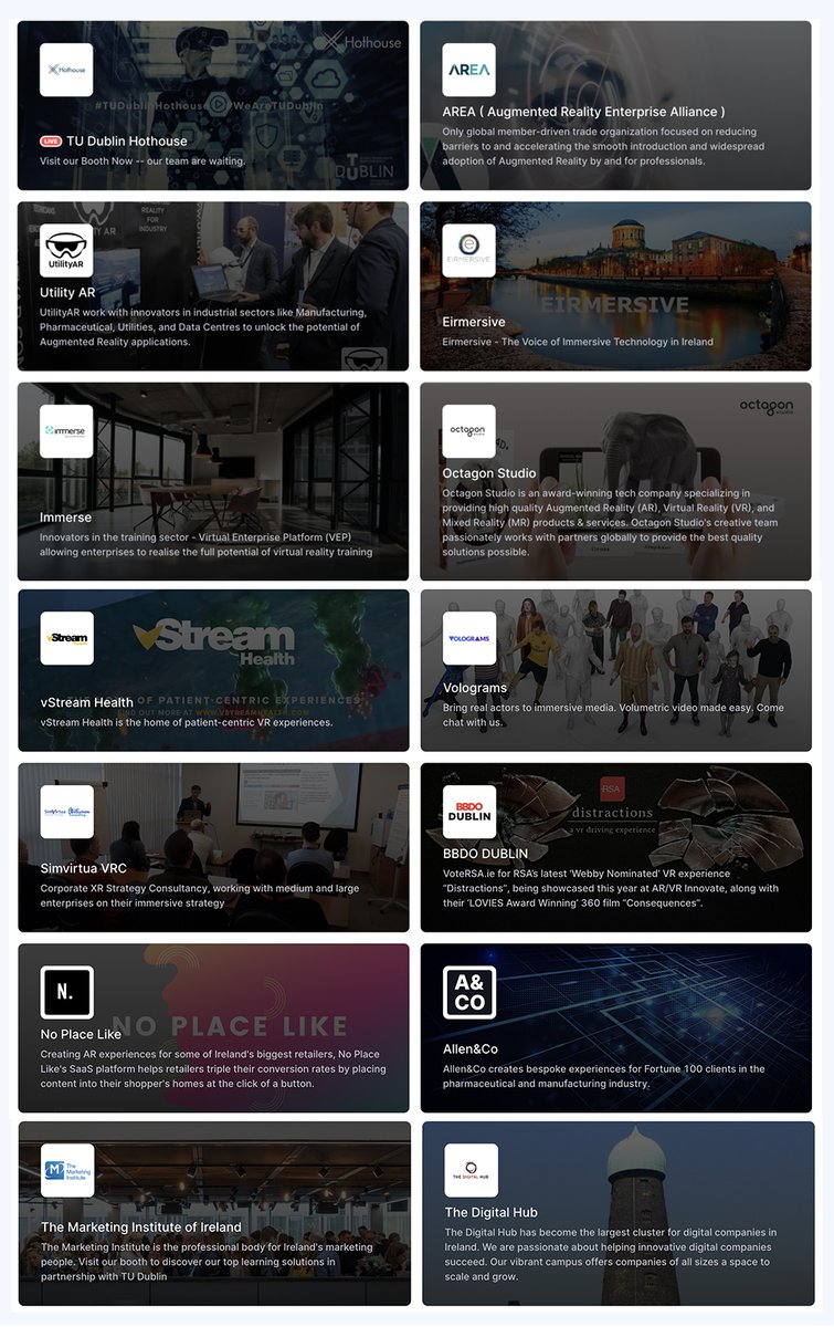 Don't forget to check out some of the #virtual expo's by <a href="/eirmersive/">Eirmersive</a> <a href="/octagon_studio/">Octagon Studio® | Augmented Reality Company</a> <a href="/UtilityAR/">UtilityAR</a> <a href="/vStream/">vStream Health</a> <a href="/volograms/">Volograms</a> <a href="/Simvirtua/">Simvirtua</a> <a href="/BBDOdublin/">BBDO Dublin</a> <a href="/TheDigitalHub/">The Digital Hub</a> Great day so far, join us at app.hopin.to/events/arvr-in… #arvrinnovate
