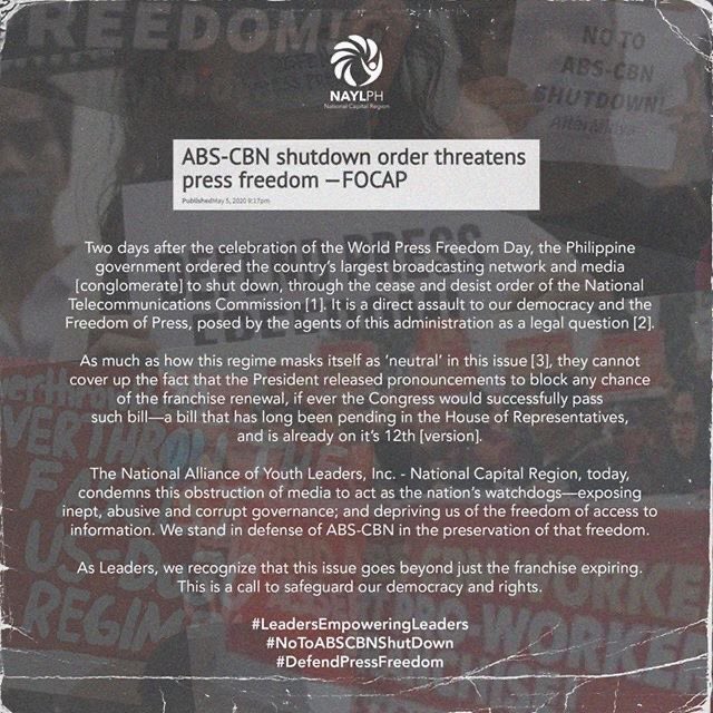 NAYLNCR's tweet photo. We stand in defense of ABS-CBN in the preservation of that freedom. 

As Leaders, we recognize that this issue goes beyond just the franchise expiring. This is a call to safeguard our democracy and rights.

#LeadersEmpoweringLeaders
#NoToABSCBNShutDown
#DefendPressFreedom https://t.co/akuQlJAaW0