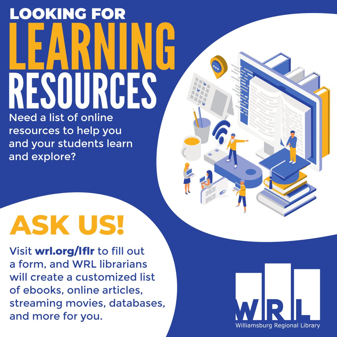 WRLibrary's tweet photo. Our librarians are always looking for ways to help you or your students learn! Starting now, you can request a customized list of digital resources on any topic that be sent directly to you. Start here: https://t.co/W0SWyhwv9X https://t.co/eMnMk55KaU