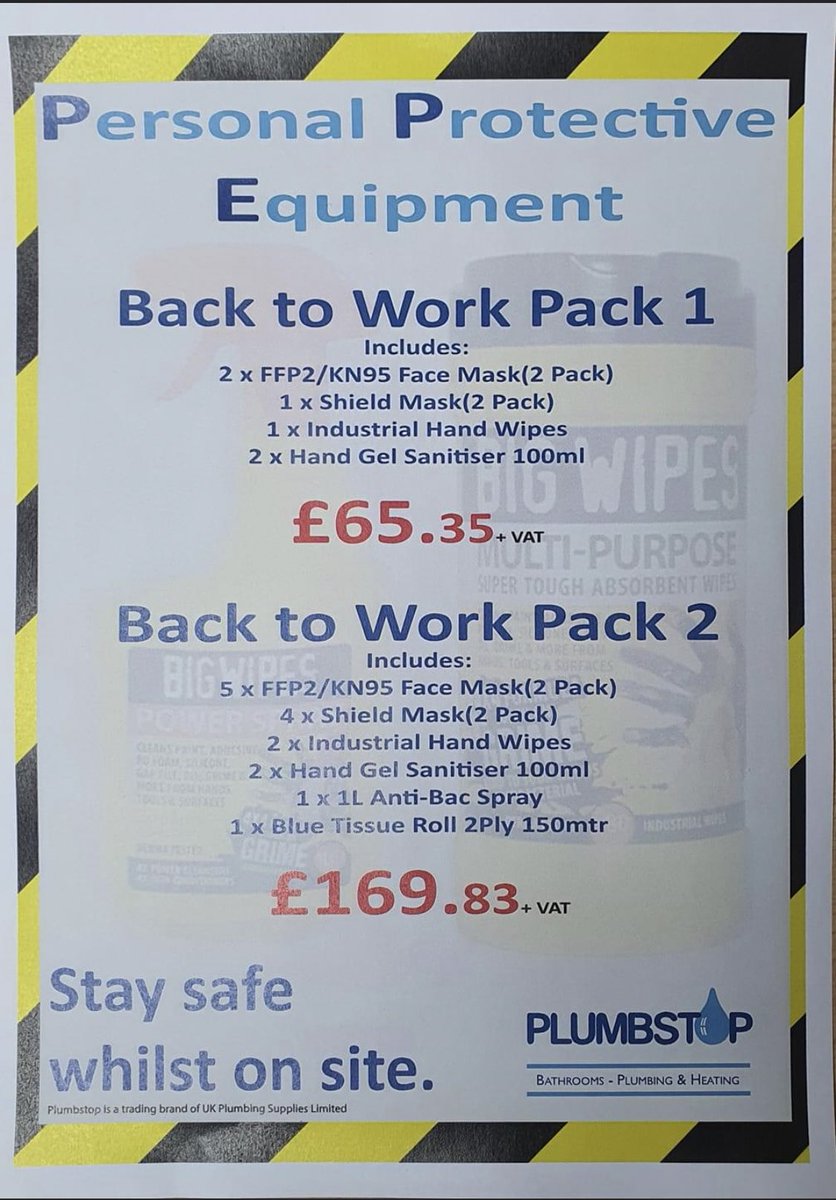 PlumbstopS's tweet photo. *** SPECIAL OFFER ****
With the anticipated easing of lockdown coming this weekend NOW is the right time to be protecting yourself your staff and customers. We are now offering special back to work packs. Please give us a call on 
01793 87744 or email Swindon@plumbstop.co.uk https://t.co/IEsl1fUjVG