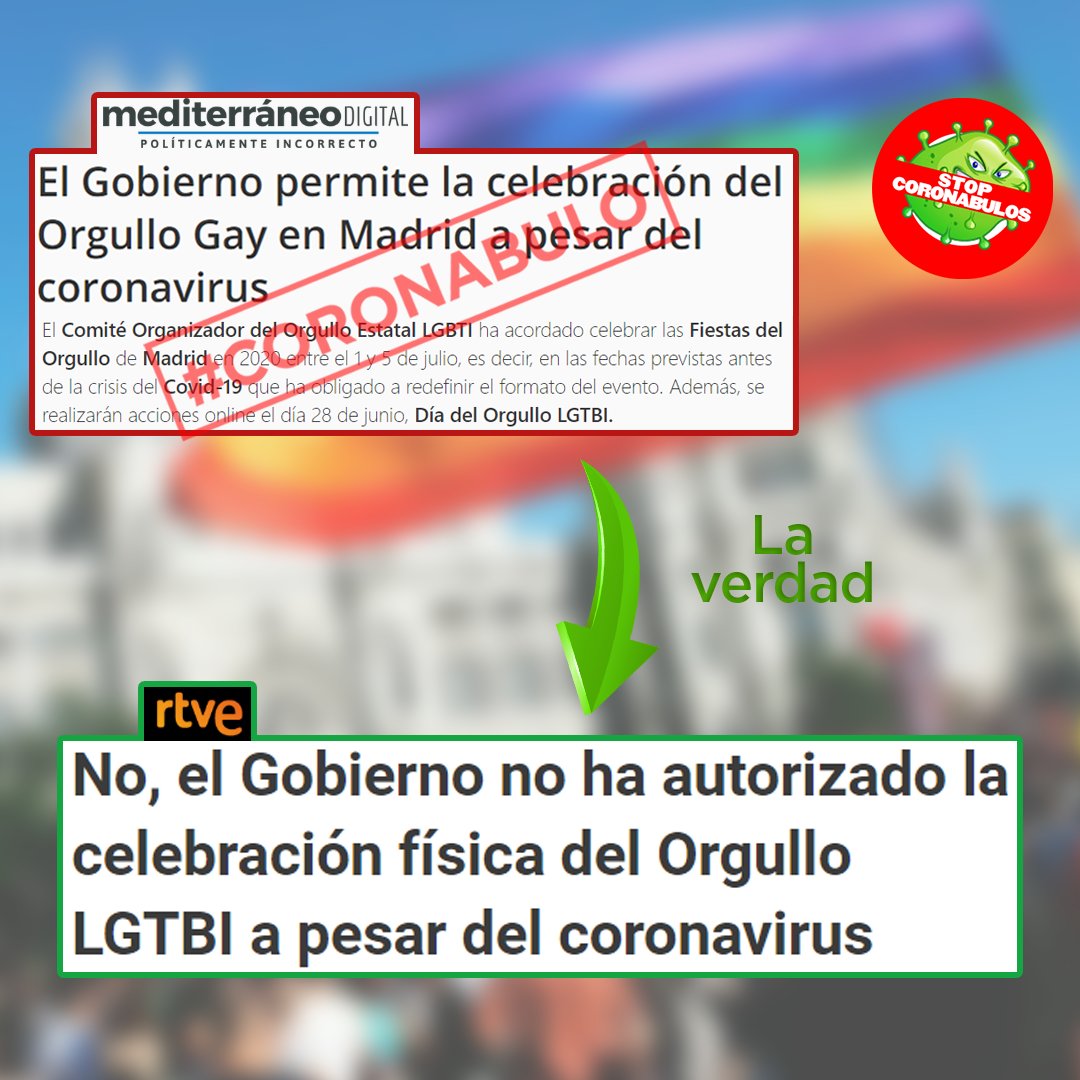 stopcoronabulos's tweet photo. ¡#Coronabulo sobre el #Orgullo LGTBIQ+!

No, pese a lo que insinúan tabloide de desinformación ultra como Mediterráneo Digital, no se ha autorizado la celebración física del Orgullo LGTBI a pesar de la pandemia del #coronavirus. Se realizará online. https://t.co/Hm1KdoFxn5