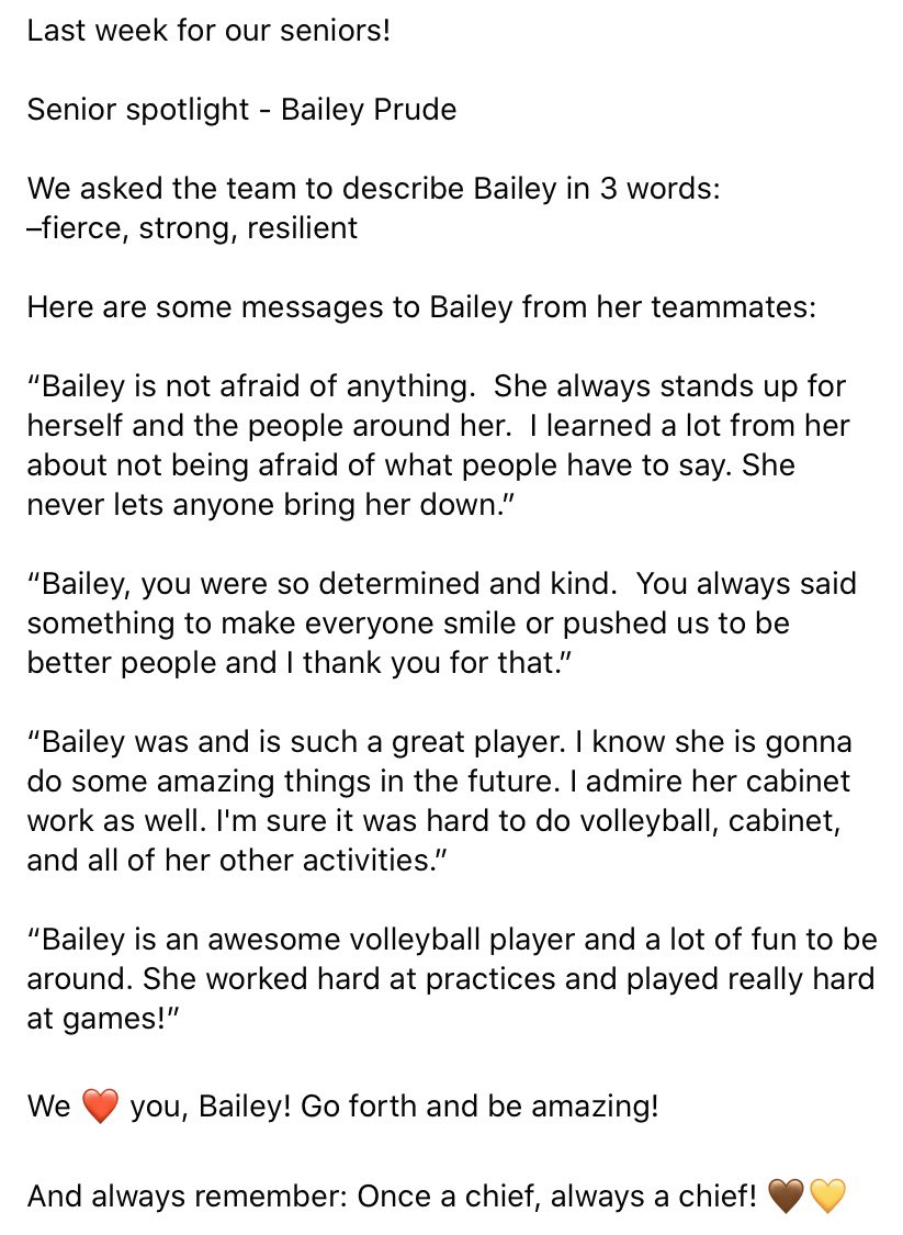 Volleychiefs's tweet photo. Honoring our seniors during their last week of high school! ❤️

Senior spotlight: Bailey Prude

#onetribe #onceachiefalwaysachief https://t.co/p1veSh0Pgt