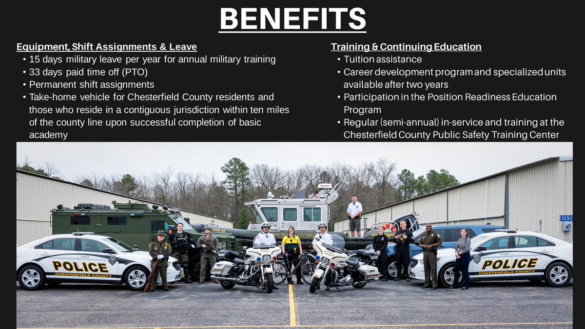 MU_ACAdvising's tweet photo. The Chesterfield County Police Department is currently accepting applications for police officers for their November Police Academy!  
Apply here: https://t.co/aHnHYsj9k6 https://t.co/l5hUT6F35R