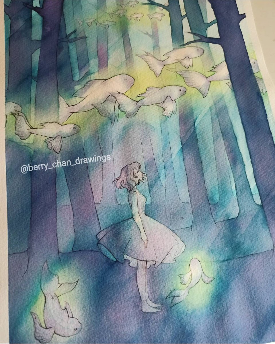 Experimenting with ecoline/watercolors 💙
#watercolors #ecoline #acquerello  #fish #illustration #surreal #surrealpainting #forest #anime #magicforest #manga #glowingfish #koi #animegirl #mangagirl #drawing #art #painting #blue #glow #experiment #kawaii