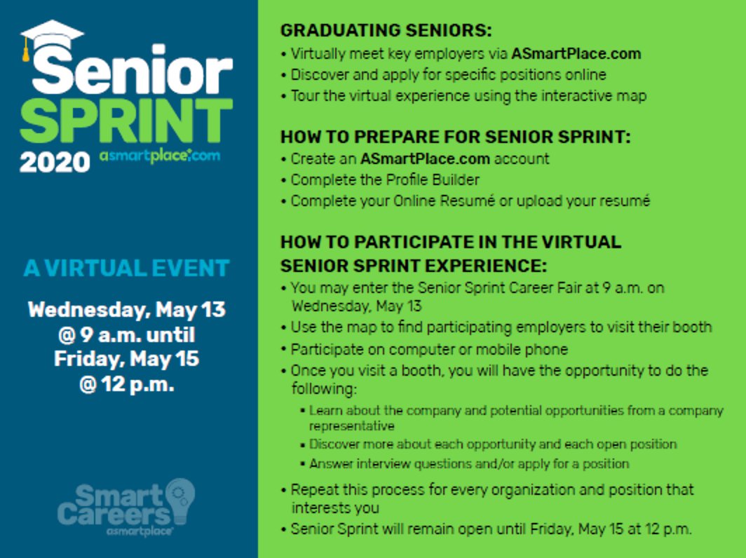 SmartCareersASP's tweet image. We are thrilled that local partners will also be at our #Virtual #SeniorSprint #CareerFair happening next week.

Huntsville Career Center, @DrakeState &amp;amp; @CalhounCollege will all have virtual booths to help you, the student, prepare for your career pathway &amp;amp; post-graduation plans.
