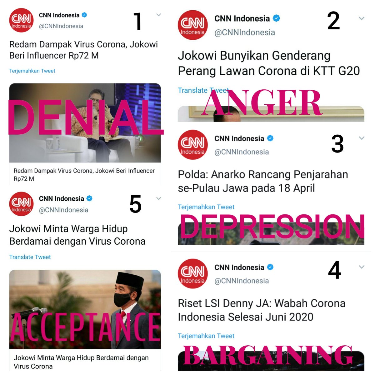 Saya coba mengkliping tahapan sikap pemerintah menghadapi korona berdasar teori The Five Stages of Grief dari Elisabeth Kübler-Ross.