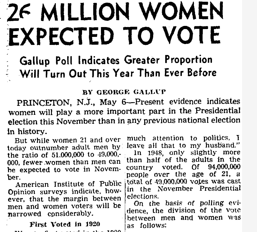 “In the democracies of Western Europe, women vote almost exactly to the same extent that men do, but in this country the tendency in the past has been for many women to tell interviewers “I don’t pay much attention to politics, I leave that all to my husband.” (LAT 5/7/1952)
