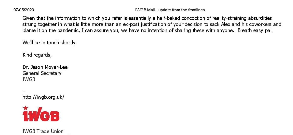 ⚡️Notice of strike ballot at TDL is served!!!⚡️
IWGB Gen Sec Jason Moyer Lee informs CEO David Byrne: "Our proposal of reducing your salary &amp; reallocating the considerable funds to keeping these frontline workers employed seemed to receive a warm reception from your managers." 🔥