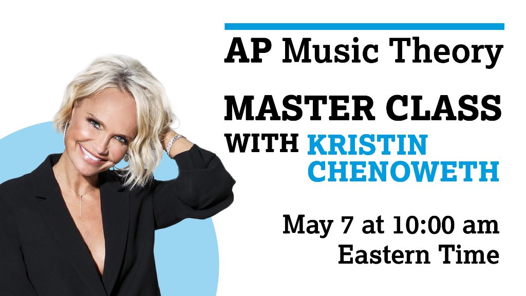 APforStudents's tweet image. NEW: @KChenoweth will be sharing some words of encouragement with AP Music Theory students this morning as they get ready for their AP Exam.

Tune in: youtu.be/R_BLH1qTqyQ. #APMasterClass