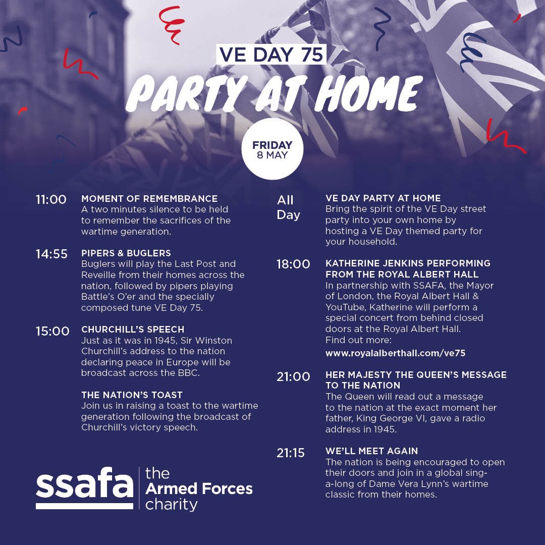 Make sure you maximise your #VEDay2020 tomorrow and ensure you don’t miss any of the planned #VEDayAtHome celebrations with the #VEDay75 party at home guide from <a href="/SSAFA/">SSAFA</a>
