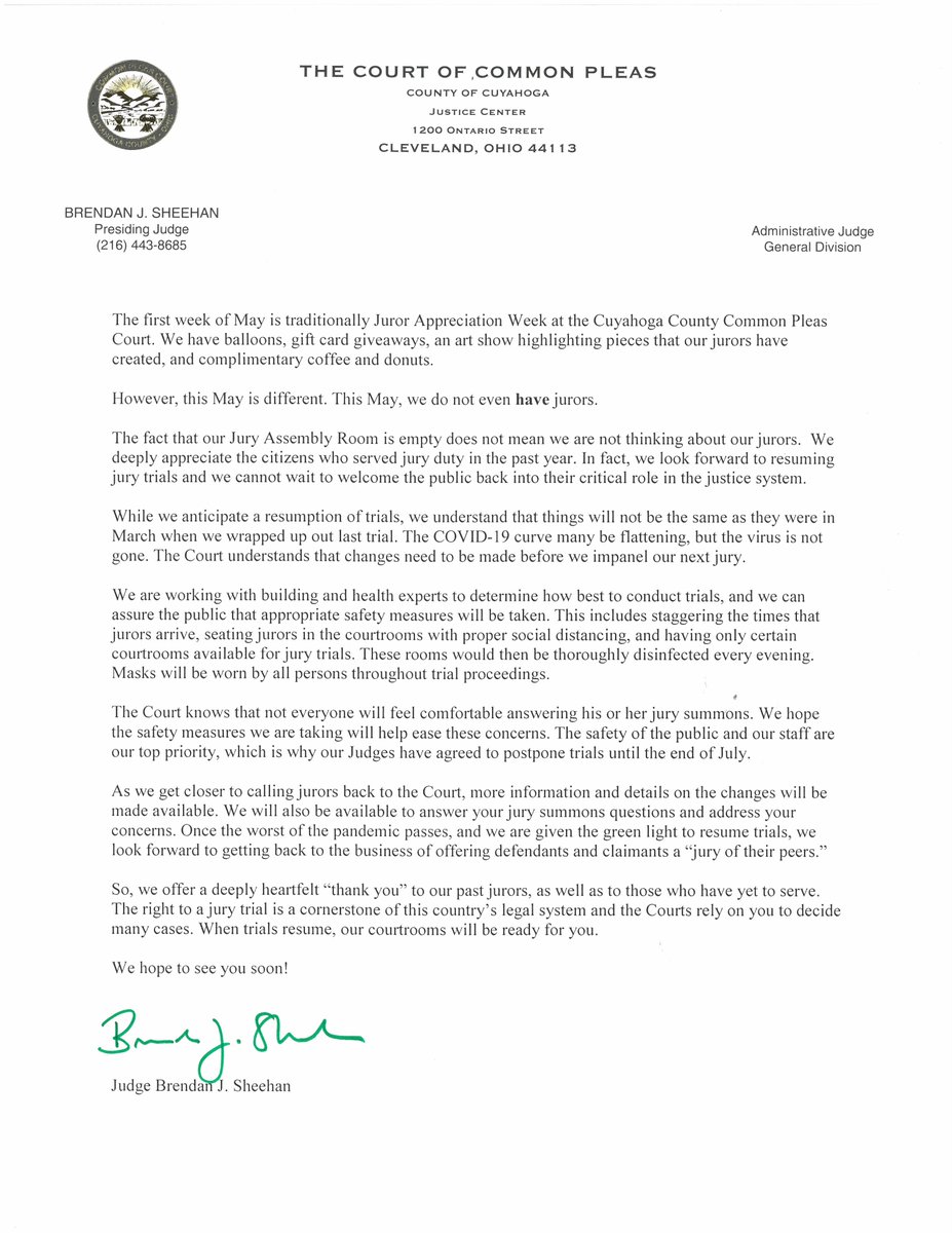 Judge Brendan Sheehan has written a letter for Juror Appreciation Week.  While we do not currently have jurors, we truly appreciate the past and  future service of our Cuyahoga County citizens! We, image size:927x1200