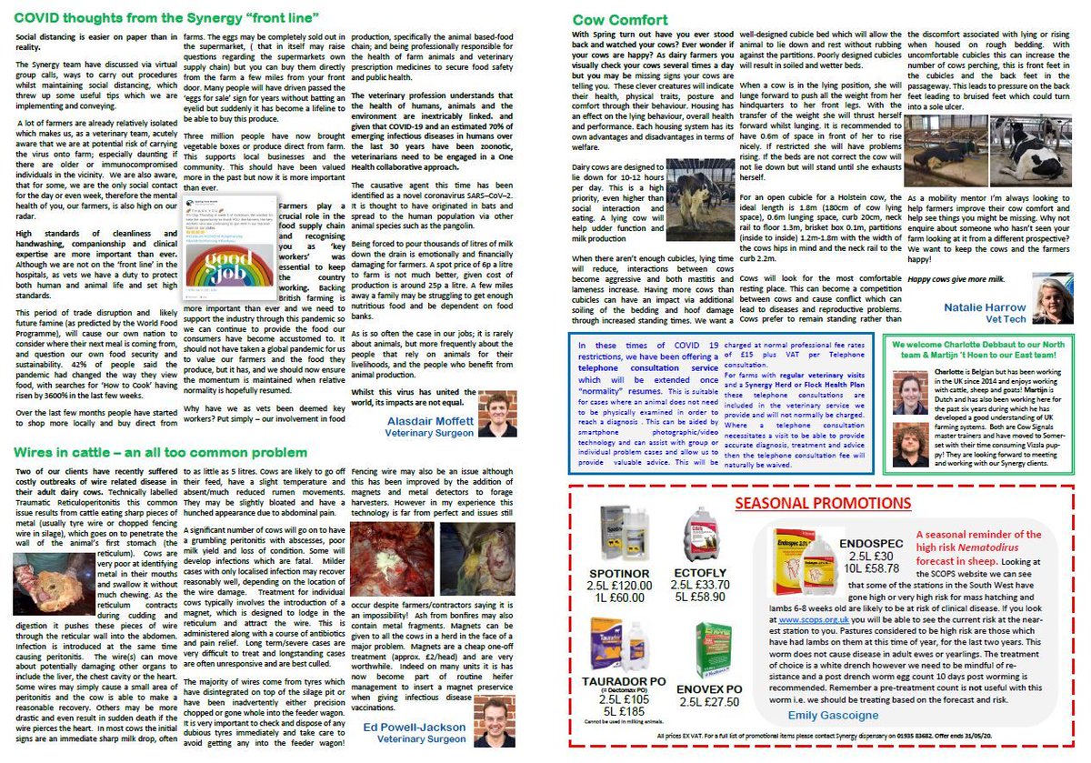 SynergyFarmVets's tweet photo. Synergy's May Newsletter is OUT NOW! Featuring: our latest thoughts and response to COVID-19,  Wires in cattle - an all too common problem, Cow Comfort advice from the Vet Tech's and our latest news and seasonal promos. #COVID19 #BackBritishFarming #clapthursday https://t.co/Oi3xxUKMnM