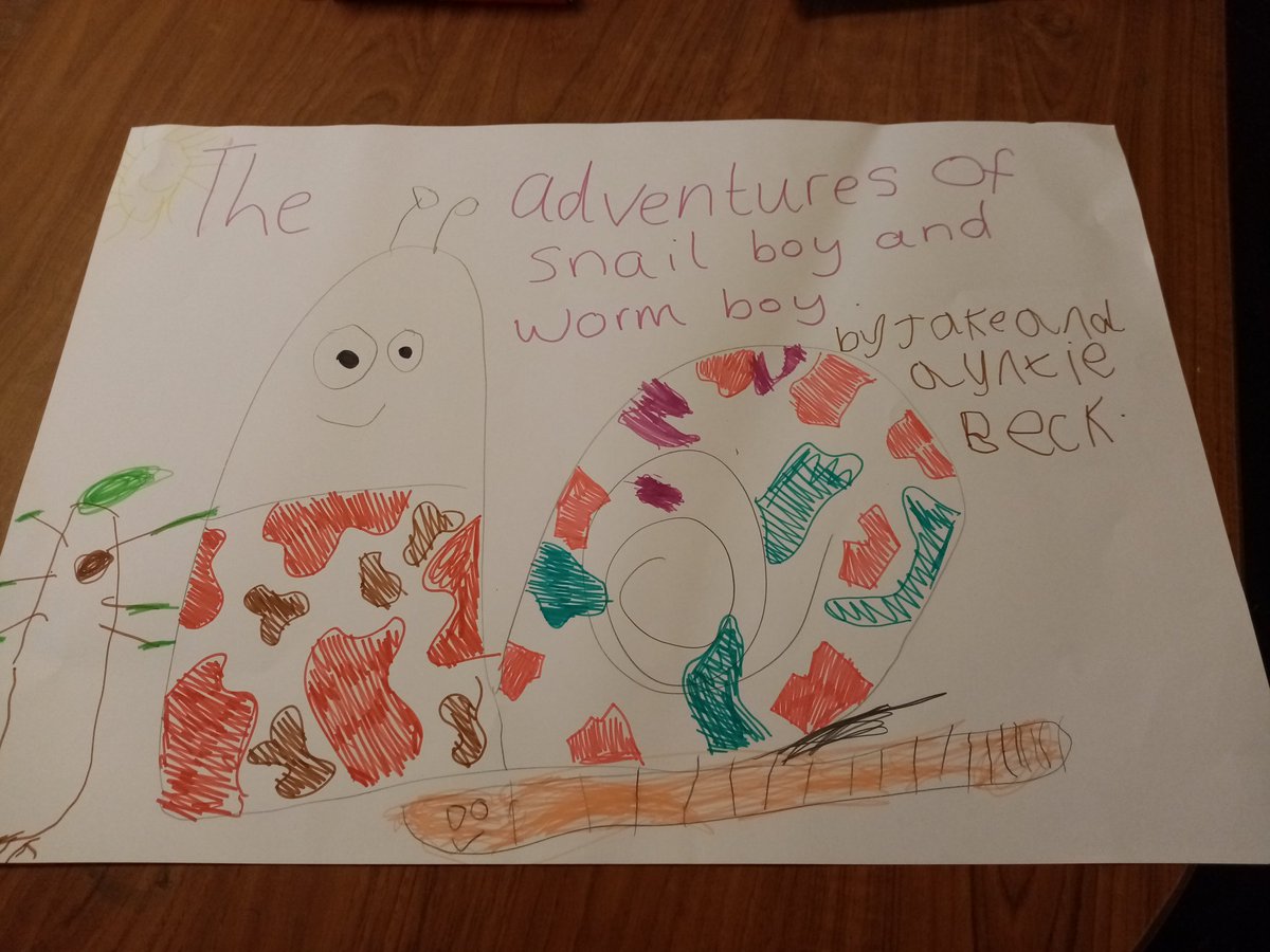 Beccaaayyyyyy's tweet photo. Today Jake has drawn the front cover of his new comic book The adventures of snail boy and worm boy. He drew the snail and worm all by himself. @KingshurstY1 @KingshurstPS https://t.co/oDODZpTjCX