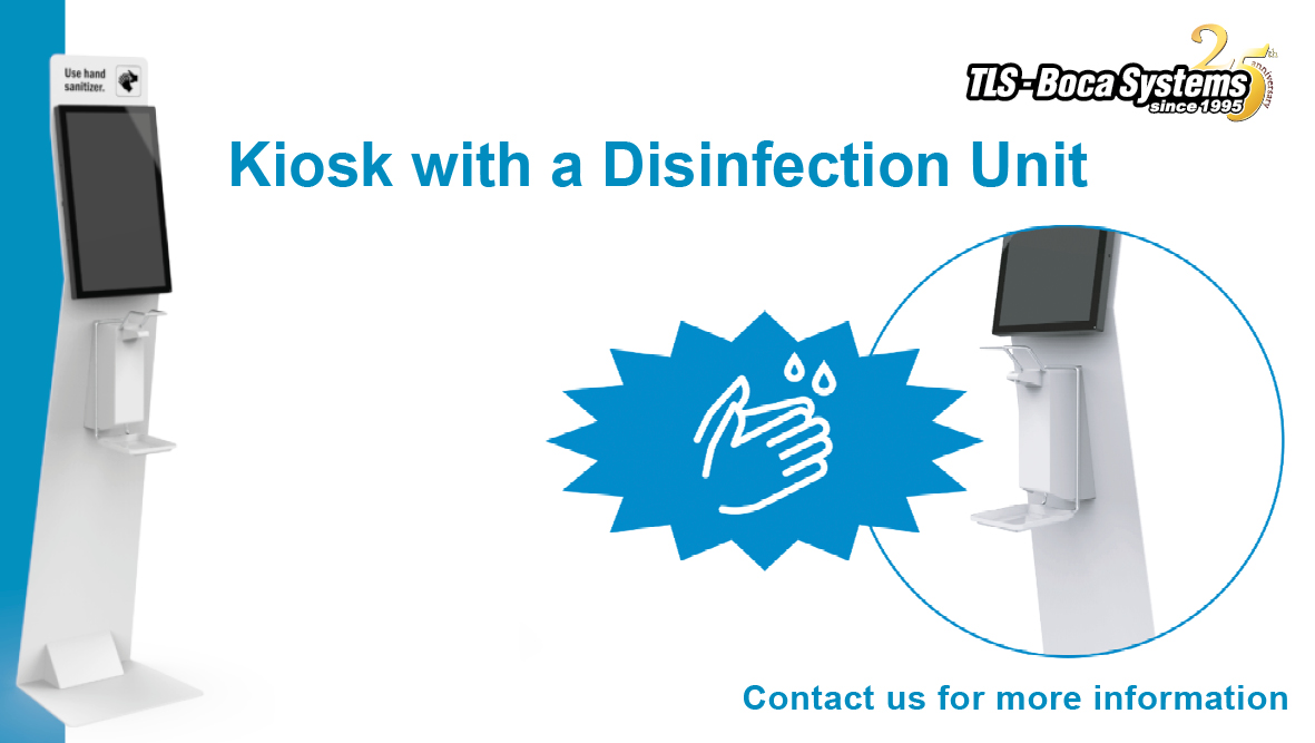 TLS - Boca Systems offer this Kiosk with a user-friendly disinfection unit. If interactivity with on-screen content is required, this would be the perfect choice! #disinfection #disinfectionkiosk #accessmanagement