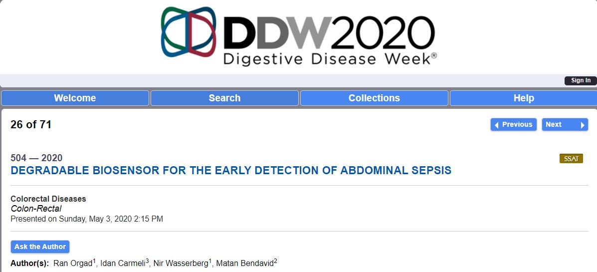 ExeroMedical's tweet photo. Although we couldn't be there in person, we are proud to have shared our “Degradable Biosensor for the Early Detection of Abdominal Sepsis” abstract at the Digestive Disease Week 2020 virtual meeting earlier this week! See it here: https://t.co/CnLrVXGjJZ #DDW2020 #GITwitter https://t.co/2RxtJGzTQd