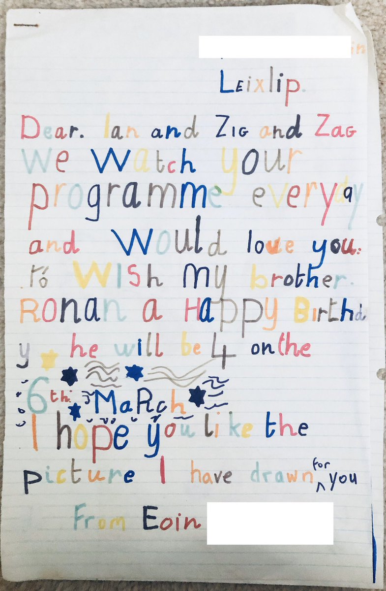 DoubleZCreative's tweet image. #POBox2222 Eoin from Leixlip was the best brother ever in 1988 sending in a birthday request for Ronan! We’ve learnt that all letters should be written in multi coloured pen! Also, it’s like Ian Dempsey is in the room the drawing is so accurate! #dempseysDen #zigandzag
