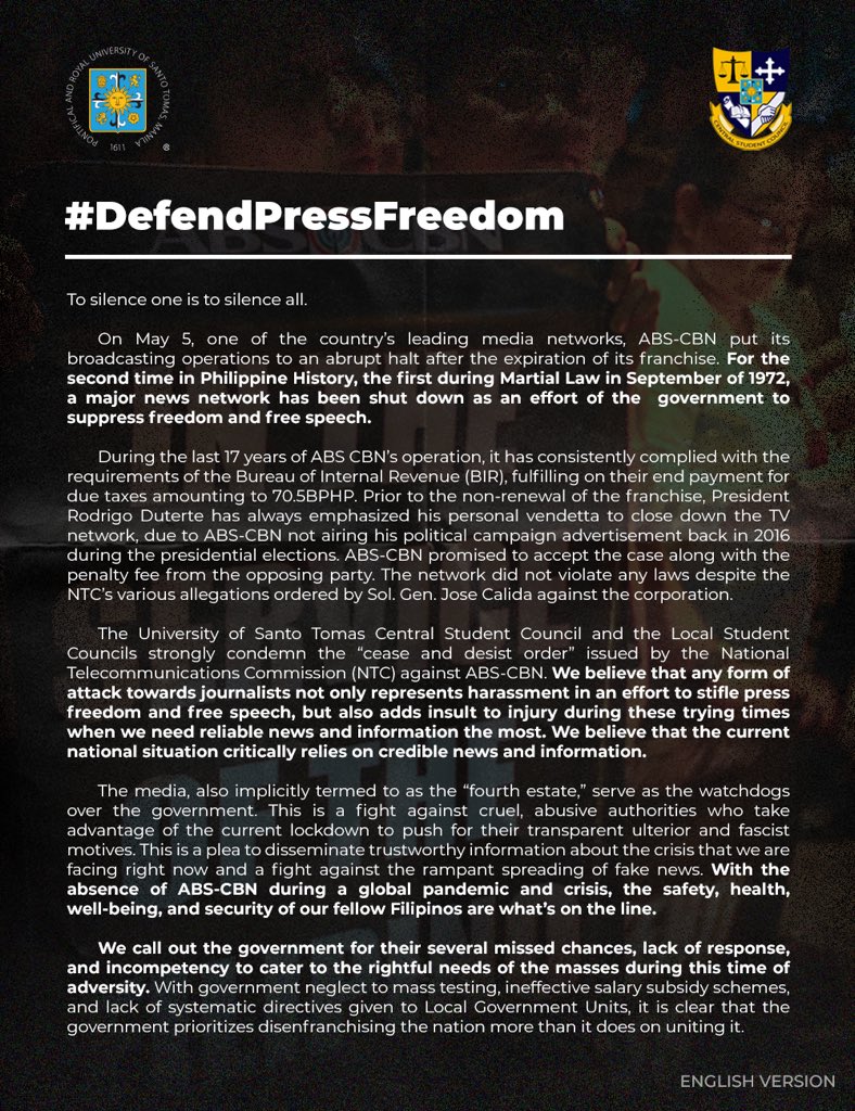 ust_csc's tweet image. MUST READ: STATEMENT OF THE UST-CENTRAL STUDENT COUNCIL AND LOCAL STUDENT COUNCILS ON THE ABS-CBN SHUTDOWN

#NoToABSCBNShutDown
#DefendPressFreedom
#CSCFartherAndFurther