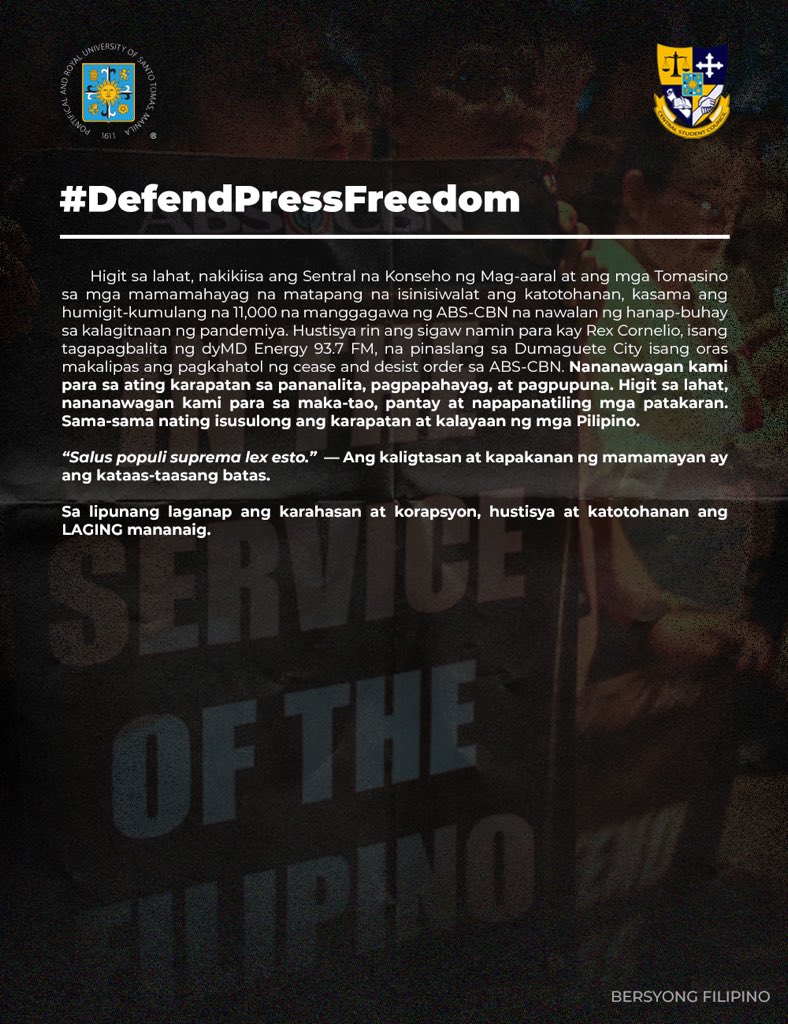 ust_csc's tweet image. MUST READ: STATEMENT OF THE UST-CENTRAL STUDENT COUNCIL AND LOCAL STUDENT COUNCILS ON THE ABS-CBN SHUTDOWN

#NoToABSCBNShutDown
#DefendPressFreedom
#CSCFartherAndFurther