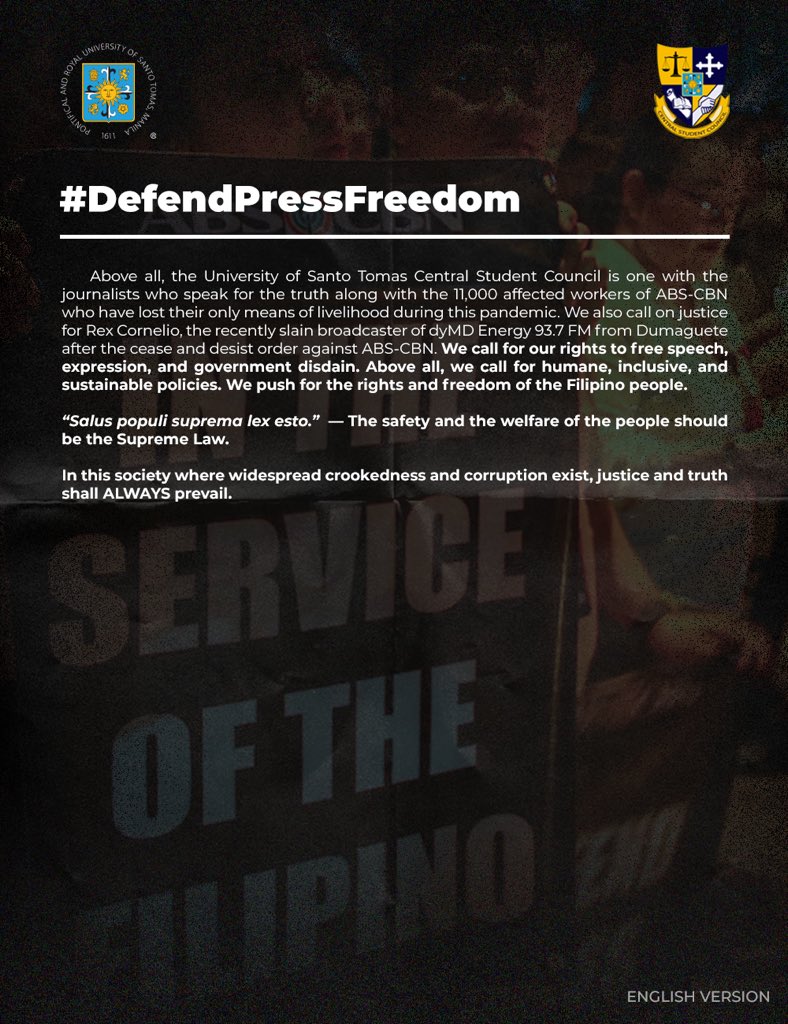 ust_csc's tweet image. MUST READ: STATEMENT OF THE UST-CENTRAL STUDENT COUNCIL AND LOCAL STUDENT COUNCILS ON THE ABS-CBN SHUTDOWN

#NoToABSCBNShutDown
#DefendPressFreedom
#CSCFartherAndFurther