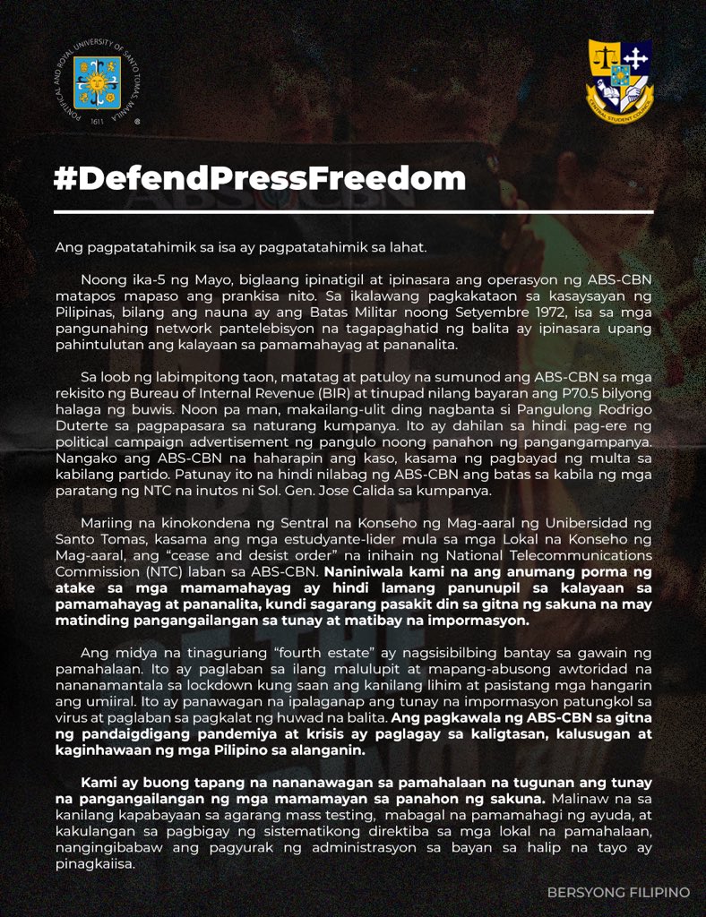 ust_csc's tweet image. MUST READ: STATEMENT OF THE UST-CENTRAL STUDENT COUNCIL AND LOCAL STUDENT COUNCILS ON THE ABS-CBN SHUTDOWN

#NoToABSCBNShutDown
#DefendPressFreedom
#CSCFartherAndFurther