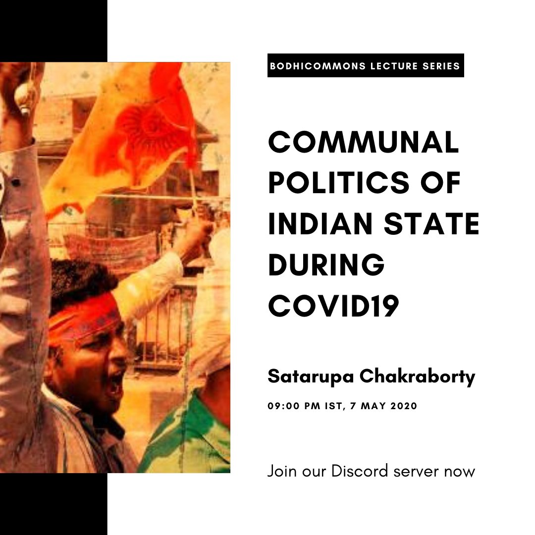 bodhicommons's tweet photo. Satarupa Chakraborty, Researcher at Tricontinental Institute for Social Research will speak on the topic 'Communal Politics of Indian State During #COVID19' in BodhiCommons' server, today at 09:00 PM IST.
Join: https://t.co/0qnhtt0Fo2 https://t.co/lAyBgMlwZN