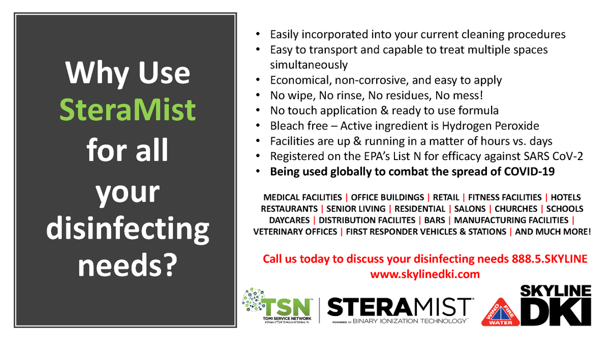 SkylineDKI's tweet photo. #steramistadvantage #superiordisinfection #stayintheknow #disinfection #decontamination #covid19 #globalcombat #effective #efficient #notouchapplication #noncorrosive #back2business https://t.co/CVk5t8POOp