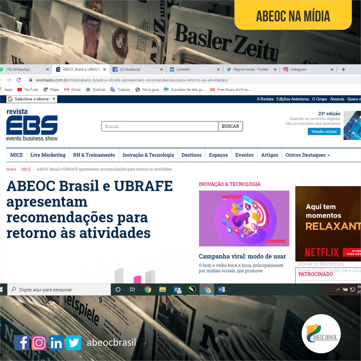 abeocbrasil's tweet photo. #namidia #revistaebs #protocolo #industriadeeventos #retomada #pospandemia #ubrafe #respiramosevento #abeocbrasil

https://t.co/go2fNs0u2O https://t.co/wiRaS0QutT