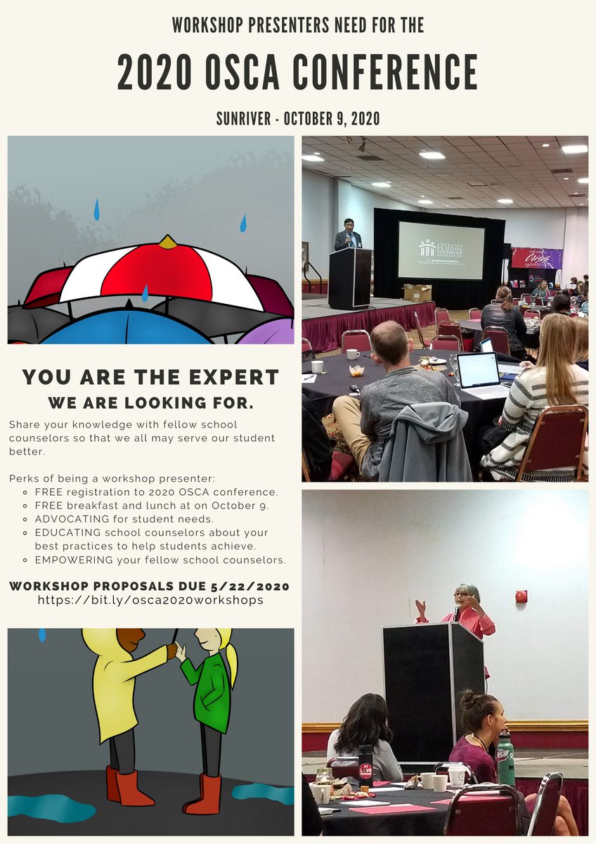 YOU ARE THE EXPERT
we are looking for!

The workshop proposal process for #OSCA2020 is now open. Share your knowledge while
ADVOCATING for students,
EDUCATING others about your best practices and
EMPOWERING your fellow school counselors.
Closes 5/22/20